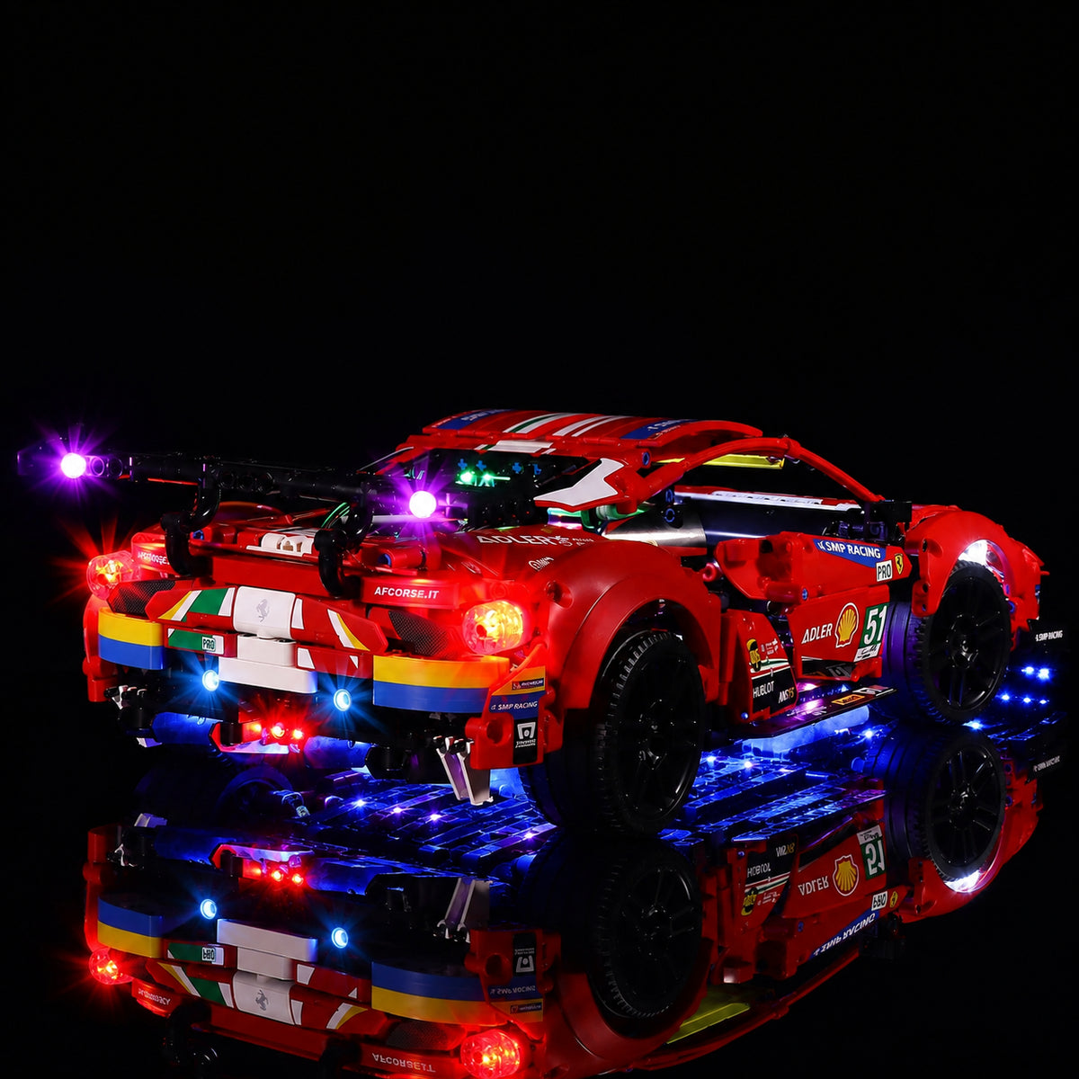 Bright My Bricks RGB LED light kit for LEGO® Technic Ferrari 488 GTE “AF Corse #51” #42125 — display lighting in a dark room