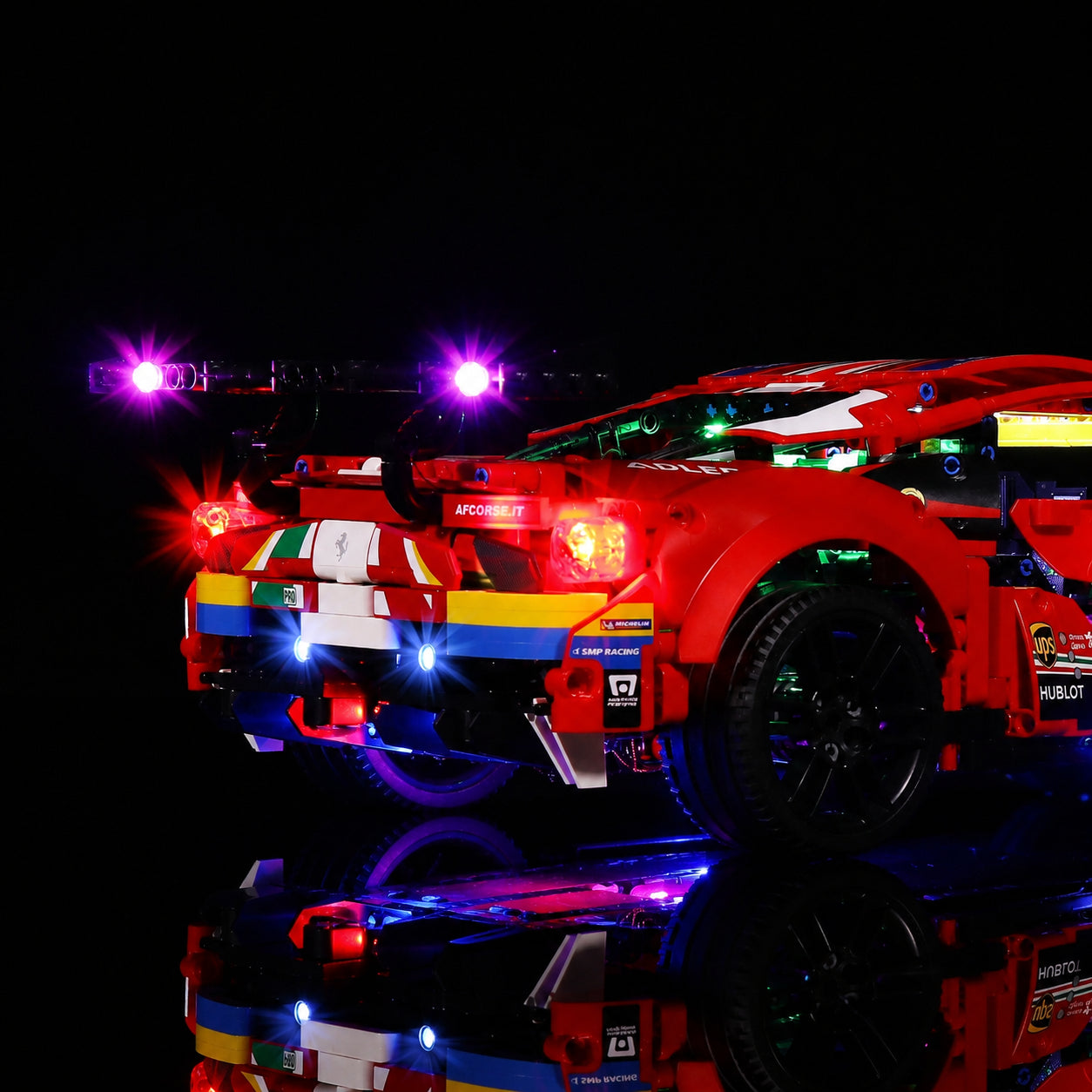 LEGO® Technic Ferrari 488 GTE “AF Corse #51” #42125 close-up of the LED lighting detail, with the DIY LED light kit