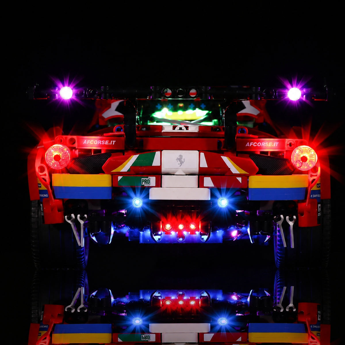 front view fully lit: Bright My Bricks LED lights for LEGO® Technic Ferrari 488 GTE “AF Corse #51” #42125