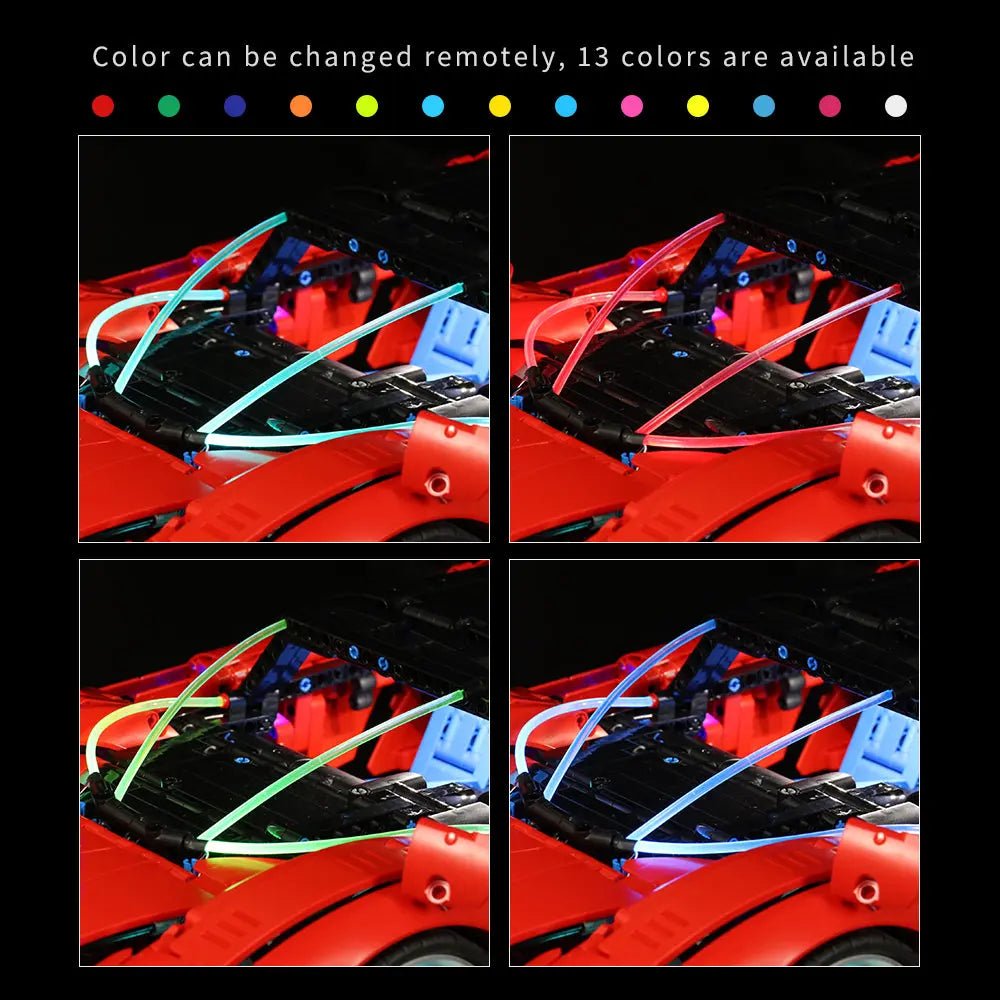 LEGO Technic Ferrari Daytona SP3 #42143 lit up - front angle