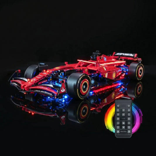 LEGO® Technic Ferrari SF-24 F1 Car #42207 — fully illuminated on display (display light kit)