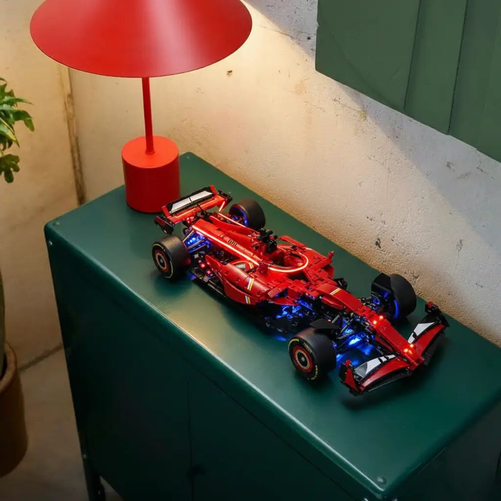 LEGO® Technic Ferrari SF-24 F1 Car #42207 showcase lighting view, with the LED light kit