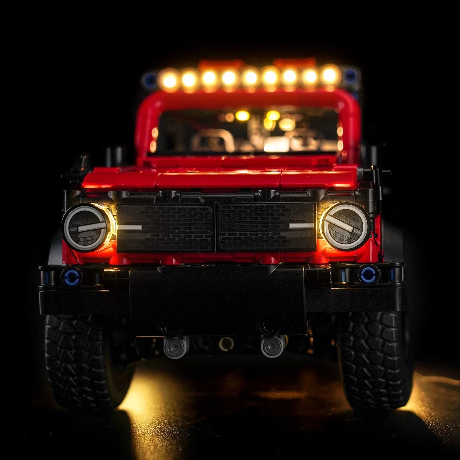 Close-up of LED lights on LEGO Technic Ford Bronco SUV #42213