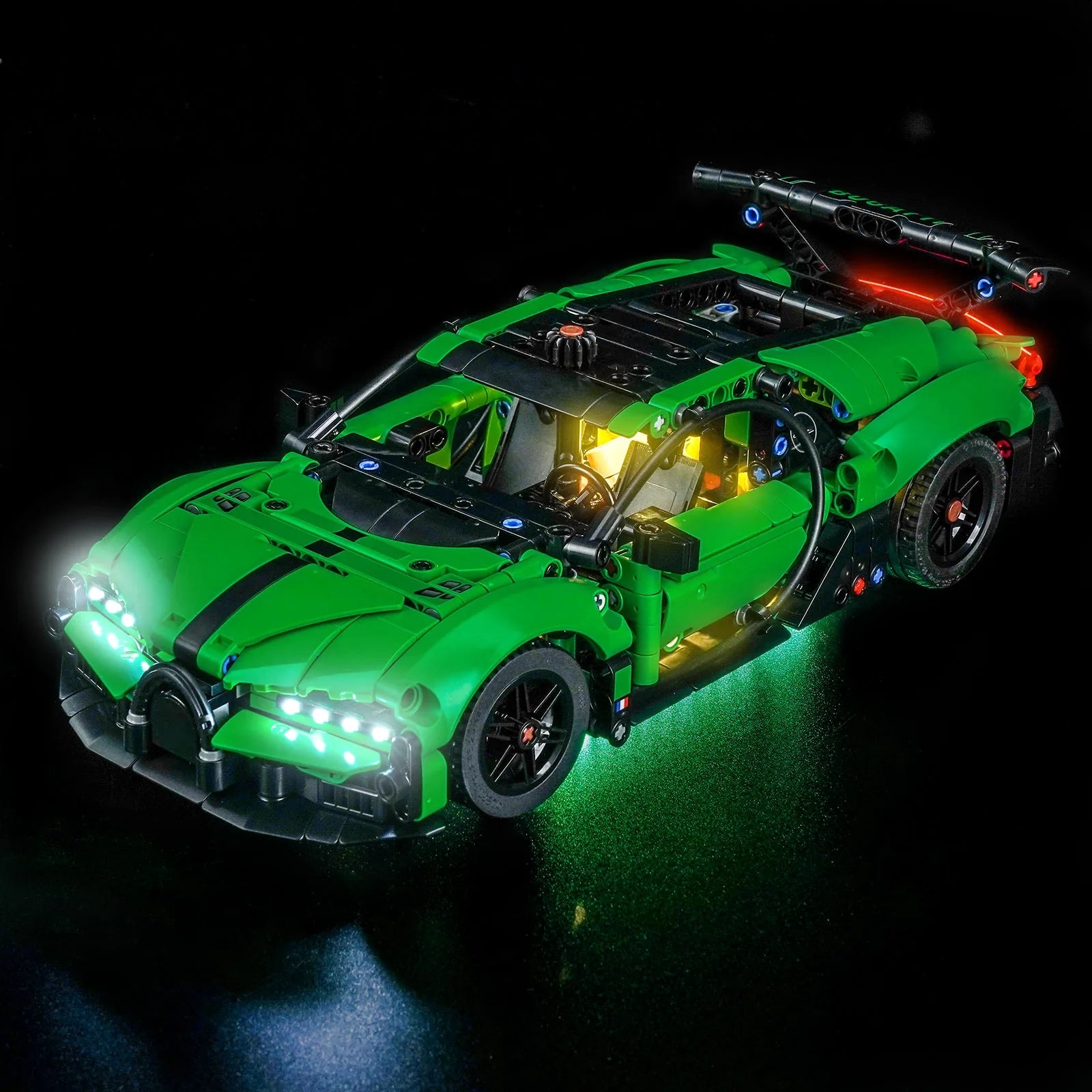 LEGO Technic Green Bugatti Chiron Pur Sport Hypercar #42241 with LED lights installed