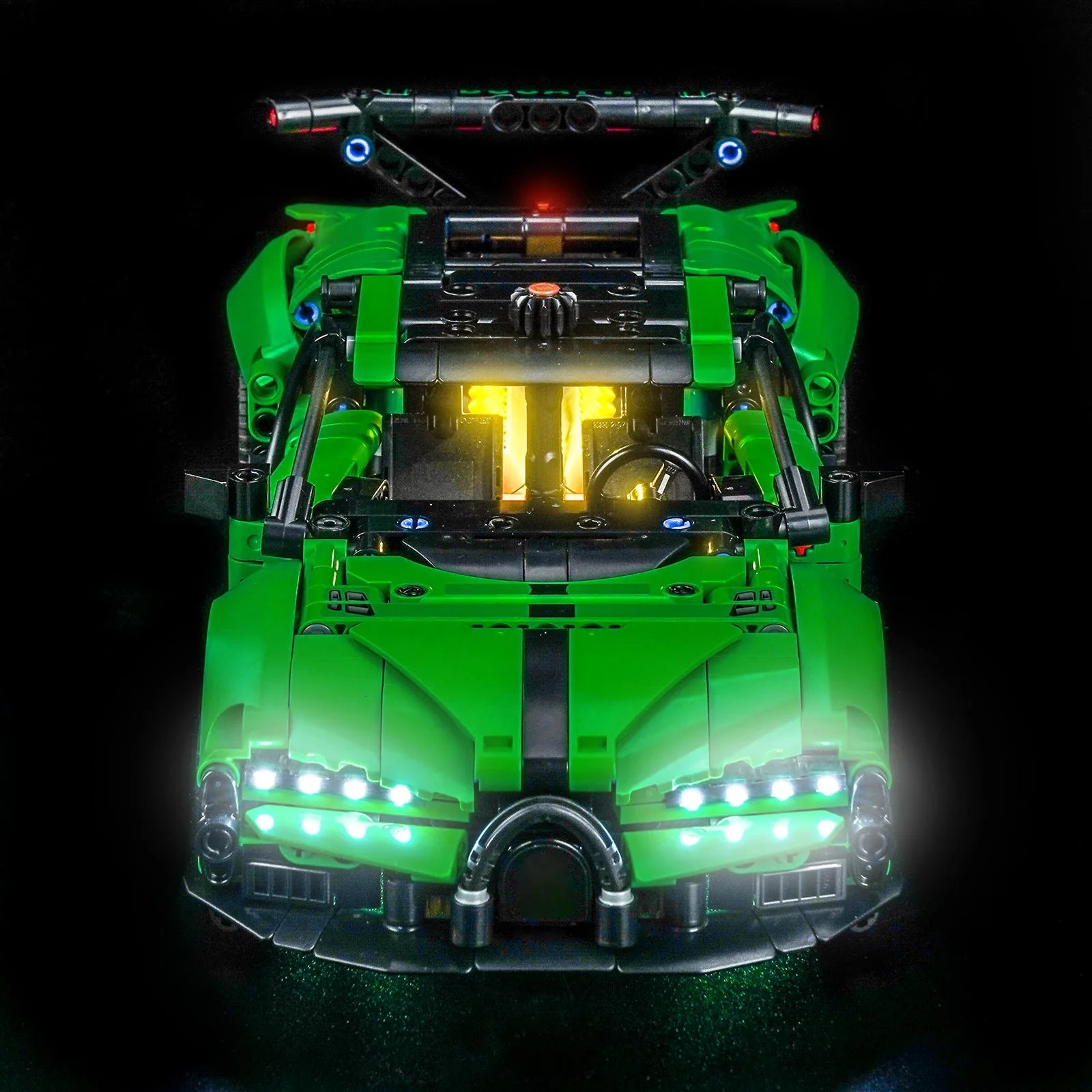 LEGO Technic Green Bugatti Chiron Pur Sport Hypercar #42241 lit up - front angle