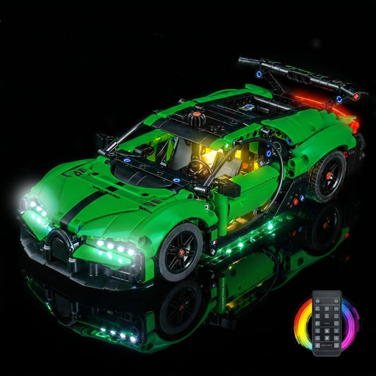LEGO® Technic Green Bugatti Chiron Pur Sport Hypercar #42241 night-mode display glow, with the LED light kit