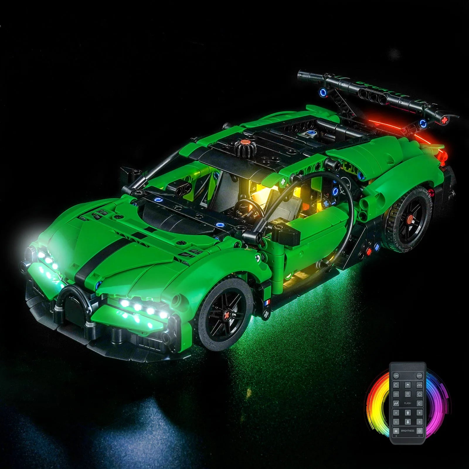 LEGO Technic Green Bugatti Chiron Pur Sport Hypercar #42241 with LED lights installed