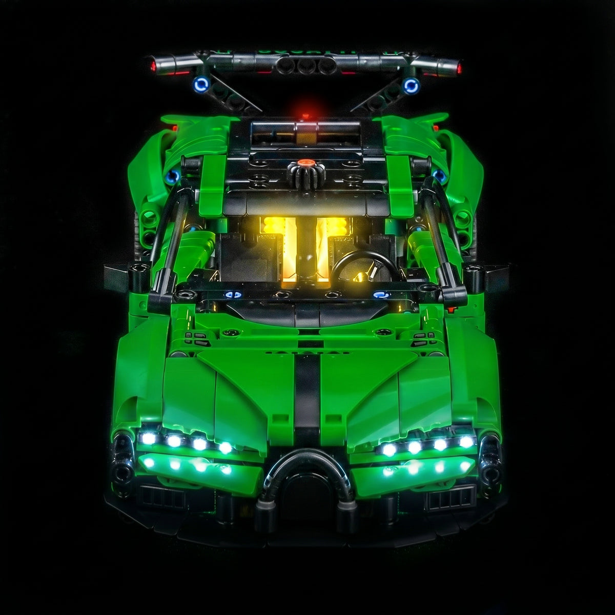 Bright My Bricks LED lights for LEGO® Technic Green Bugatti Chiron Pur Sport Hypercar #42241 — fully illuminated on display