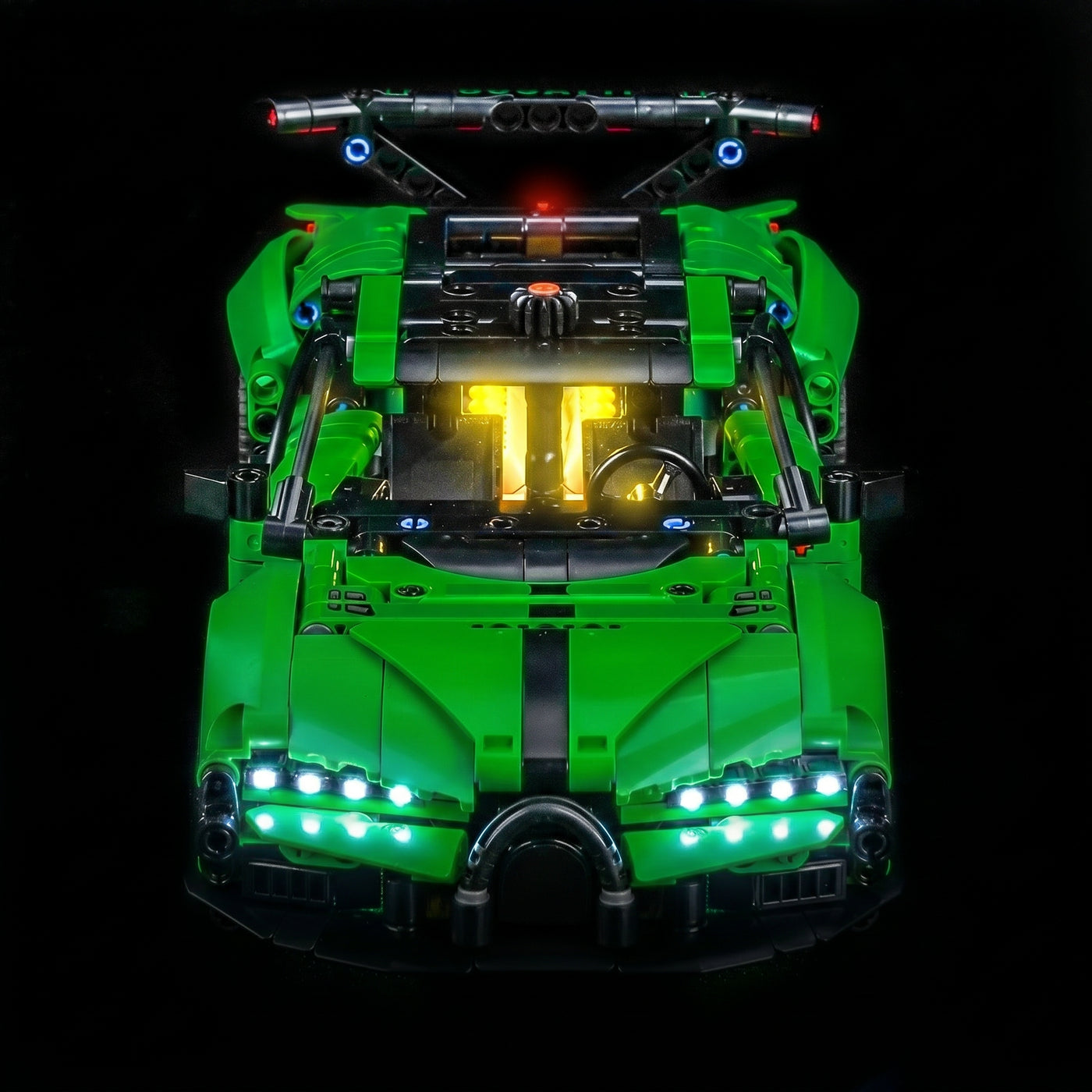 Bright My Bricks LED lights for LEGO® Technic Green Bugatti Chiron Pur Sport Hypercar #42241 — fully illuminated on display