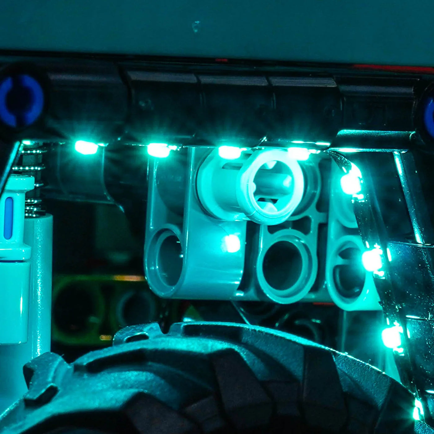 LEGO® Technic Jeep Wrangler Rubicon #42227 front view fully lit, with the LED lighting kit
