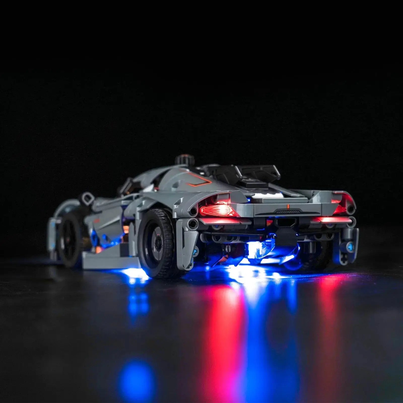 LEGO® Technic Koenigsegg Jesko Absolut Grey Hypercar #42173 — close-up of the LED lighting detail (USB-powered LED light kit)