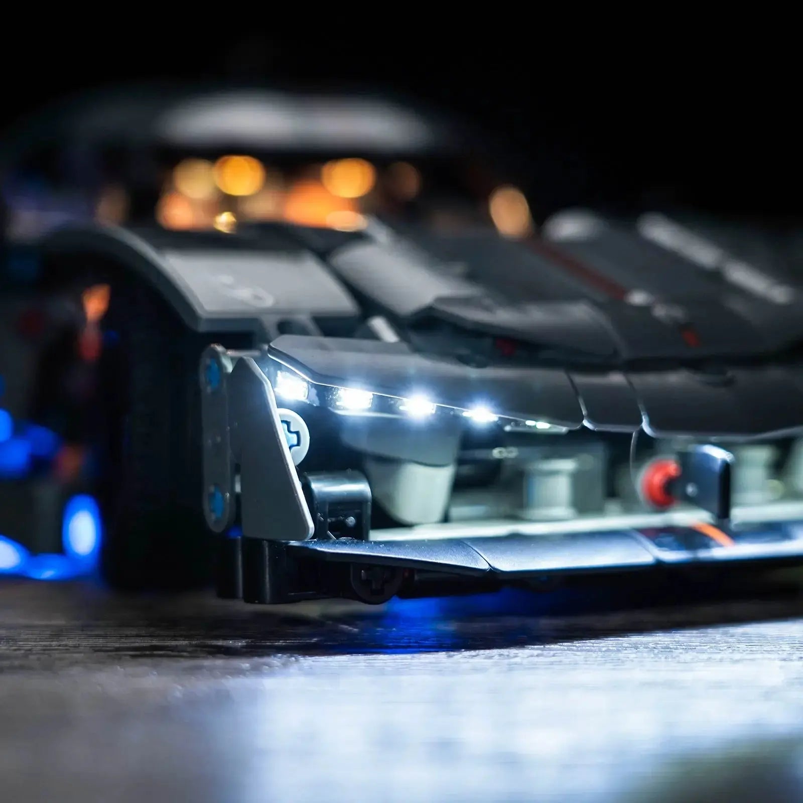LEGO® Technic Koenigsegg Jesko Absolut Grey Hypercar #42173 night-mode display glow, with the LED lighting kit