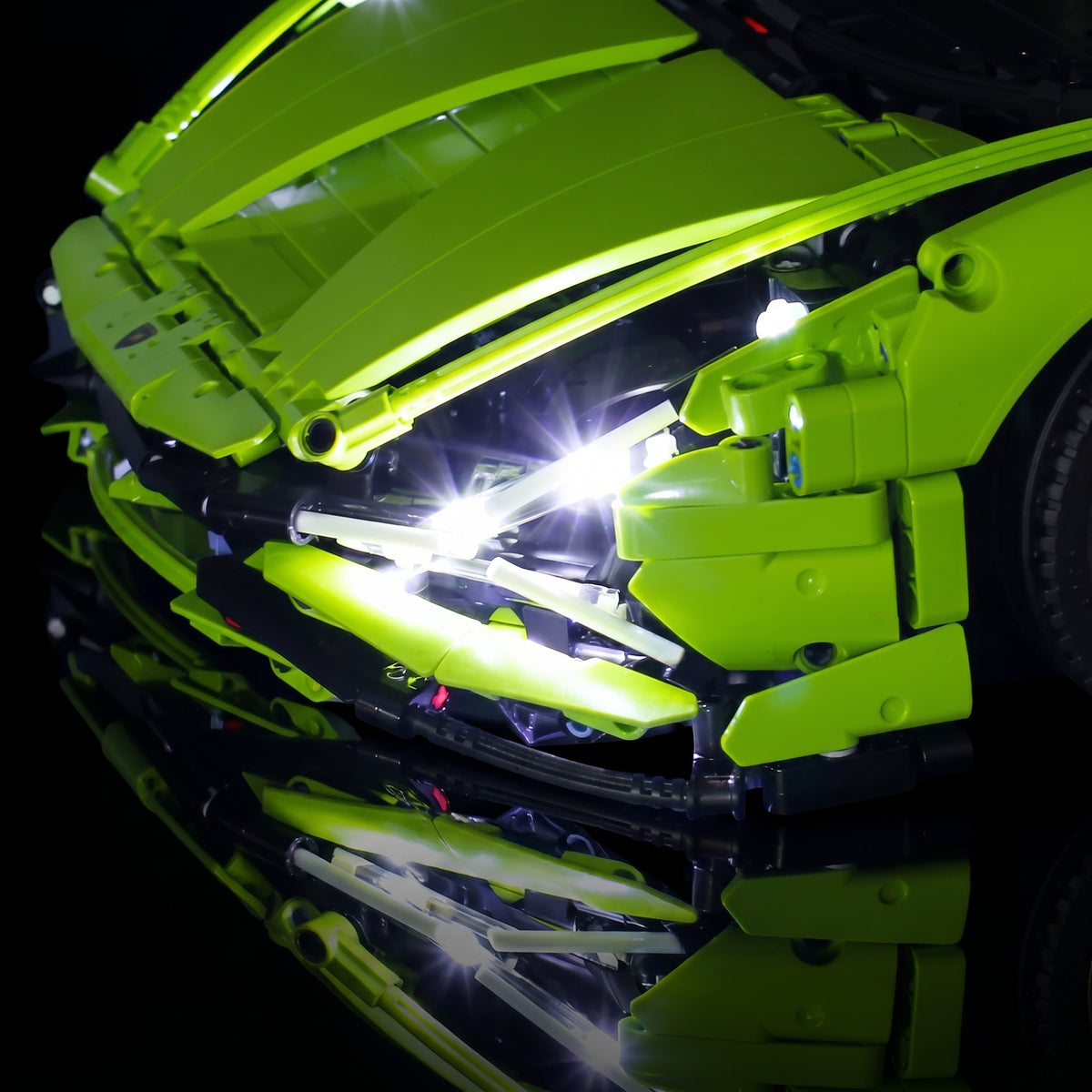 LEGO® Technic Lamborghini Sián FKP 37 #42115 front view fully lit, with the premium LED light kit