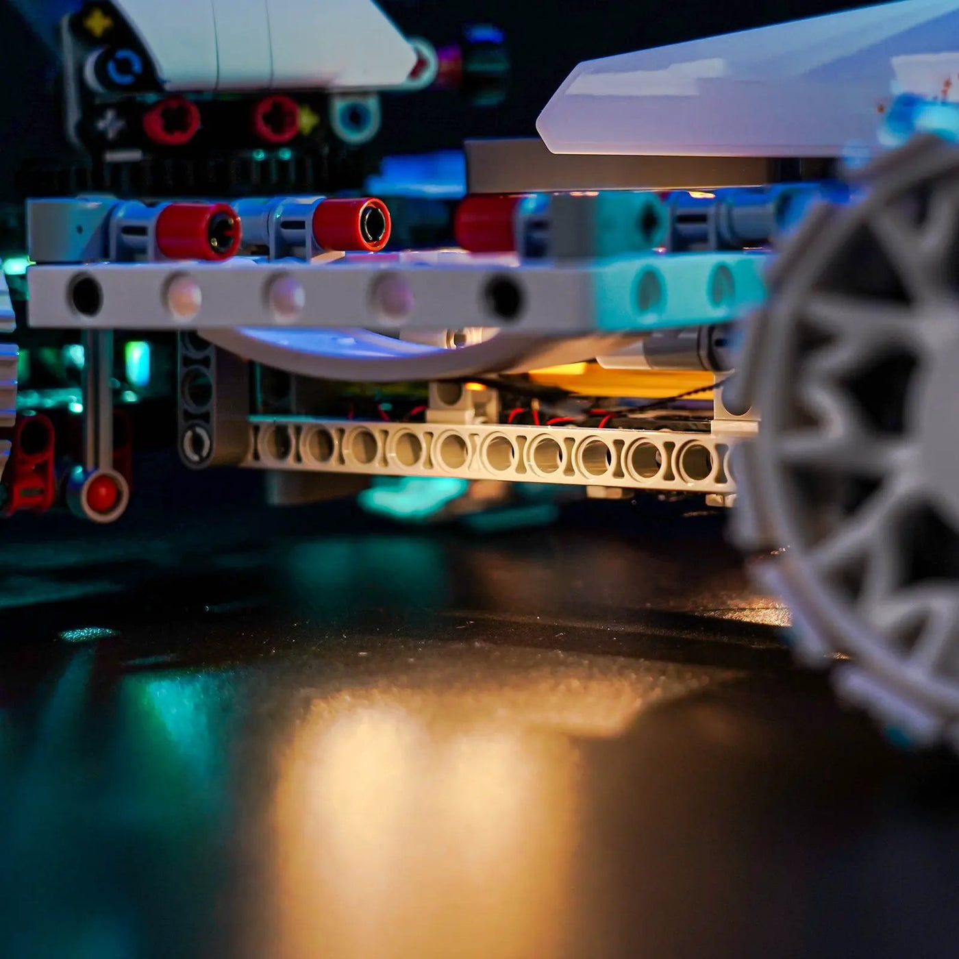 custom LED lighting for LEGO® Technic Lunar Outpost Moon Rover Space Vehicle #42211, side angle with lights on