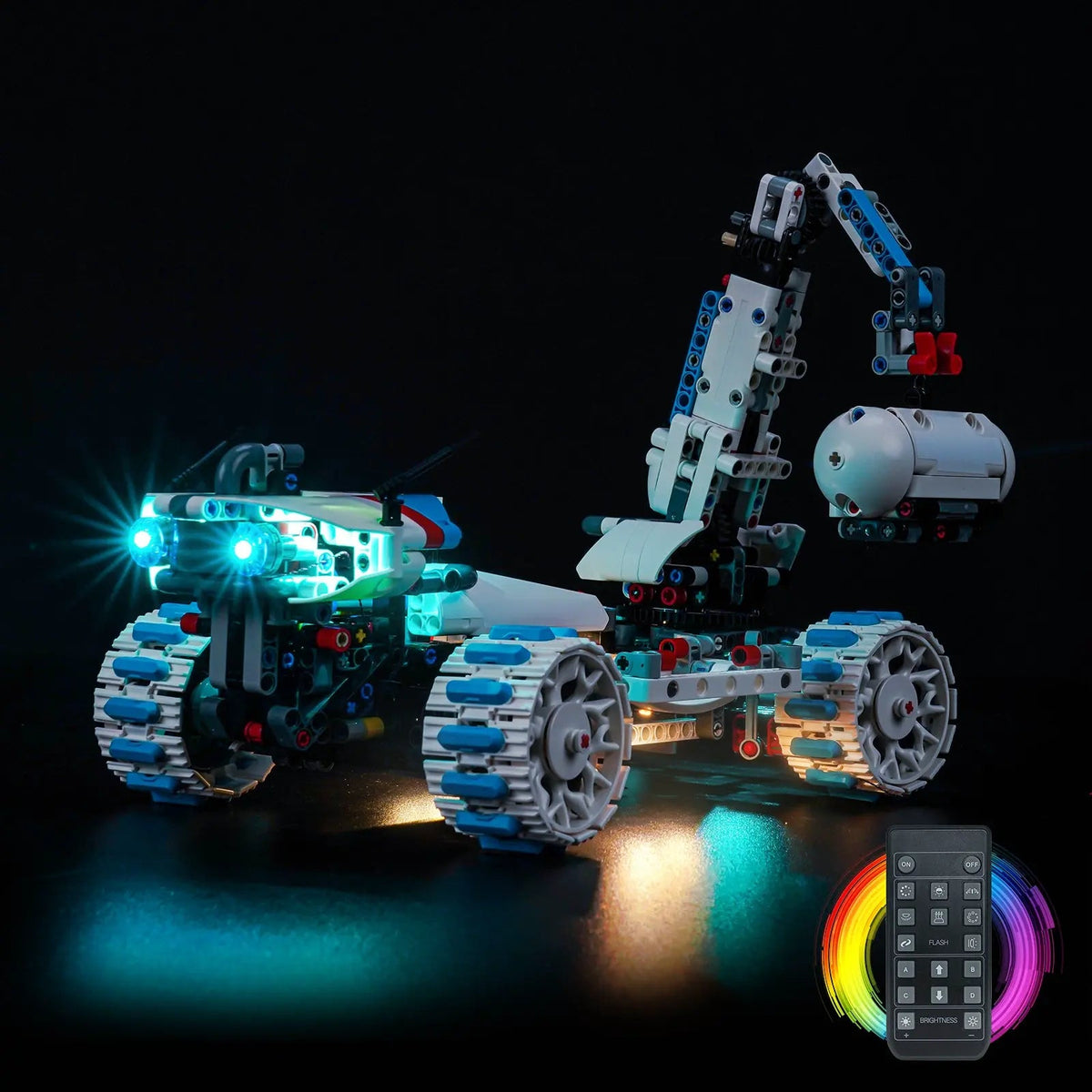 LED kit powered on: Bright My Bricks LED lighting kit for LEGO® Technic Lunar Outpost Moon Rover Space Vehicle #42211