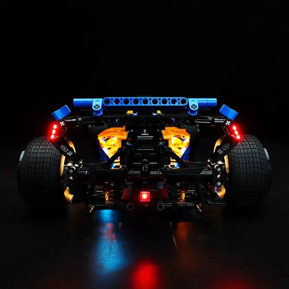 Bright My Bricks LED light kit for LEGO® Technic McLaren Formula 1 Race Car #42141 — side angle with lights on