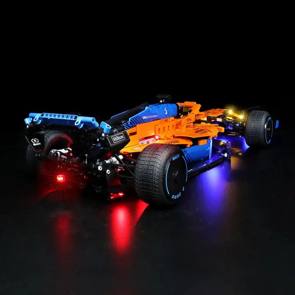 Bright My Bricks DIY LED light kit for LEGO® Technic McLaren Formula 1 Race Car #42141 — lighting effect on the build