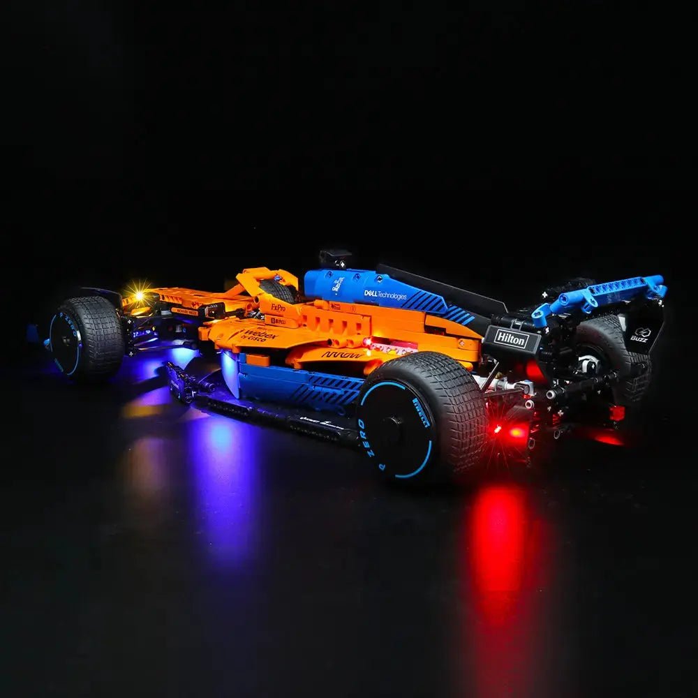 before-and-after lighting: Bright My Bricks custom LED lighting for LEGO® Technic McLaren Formula 1 Race Car #42141