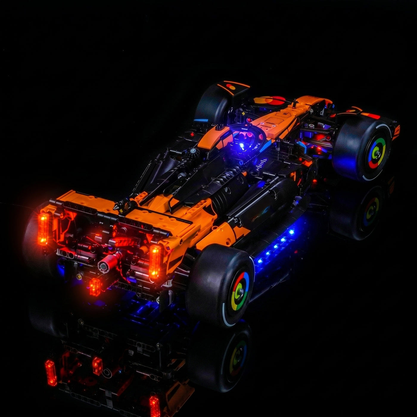 LEGO® Technic McLaren MCL39 F1 Car #42228 front view fully lit, with the display light kit