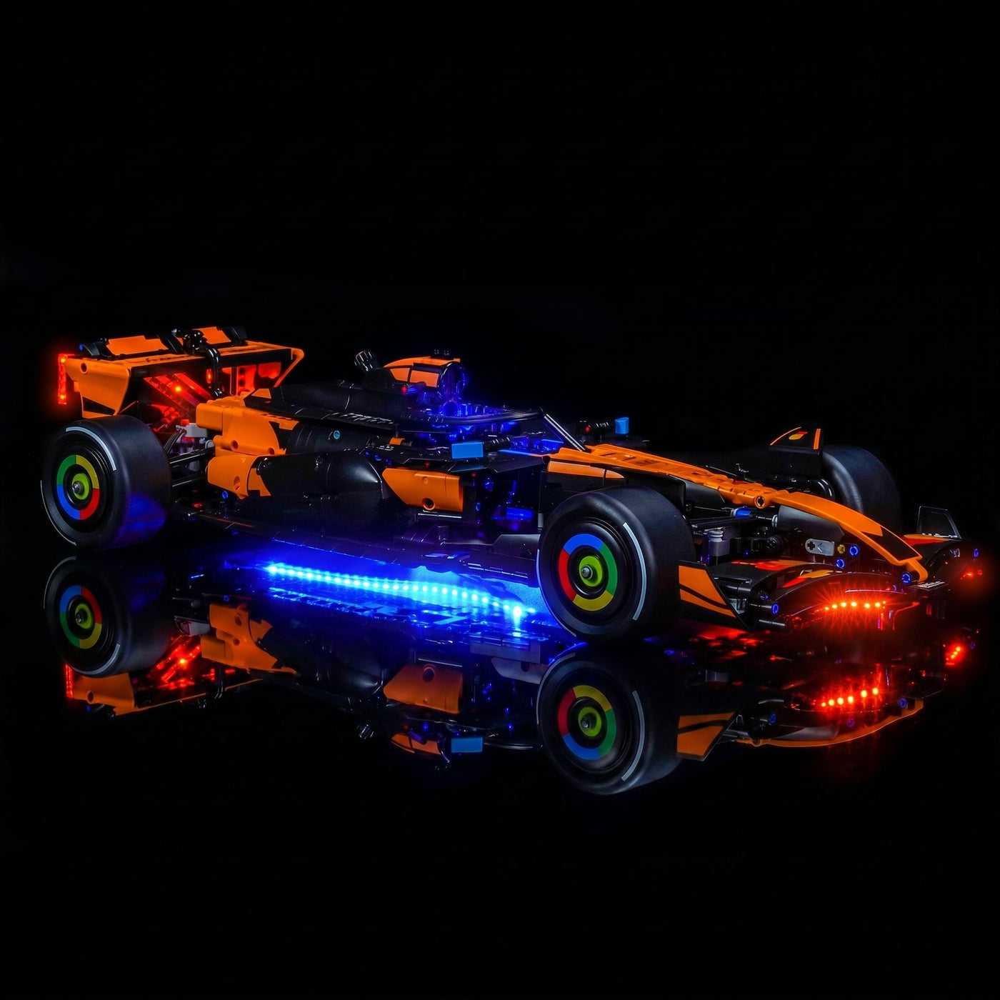 LEGO® Technic McLaren MCL39 F1 Car #42228 showcase lighting view, with the LED light kit