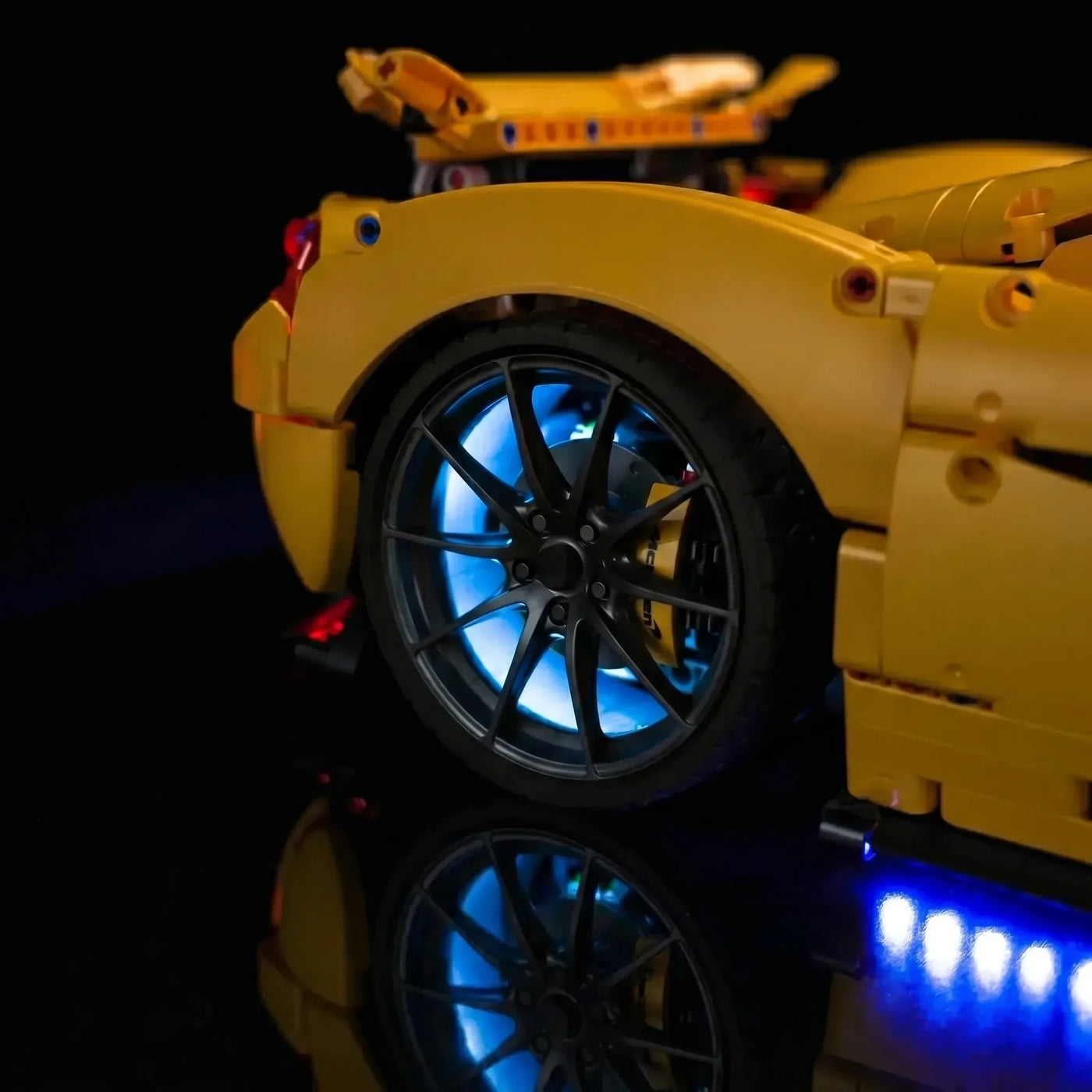 LEGO® Technic McLaren P1 #42172 side angle with lights on, with the custom LED lighting