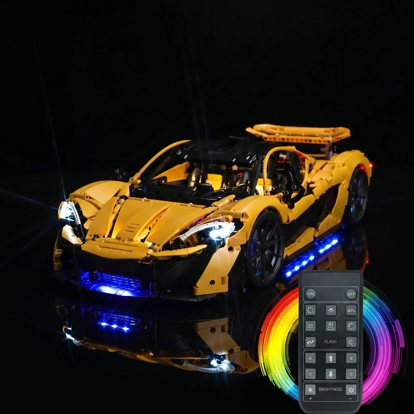 LEGO® Technic McLaren P1 #42172 fully illuminated on display, with the LED light kit