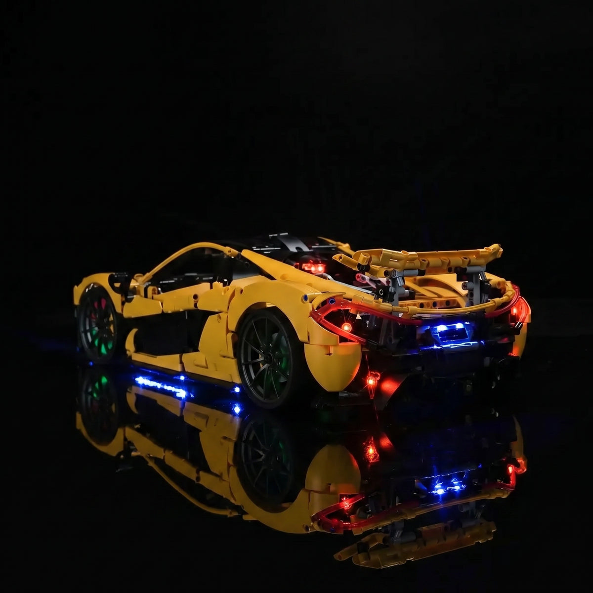 LEGO® Technic McLaren P1 #42172 display lighting in a dark room, with the custom LED lighting