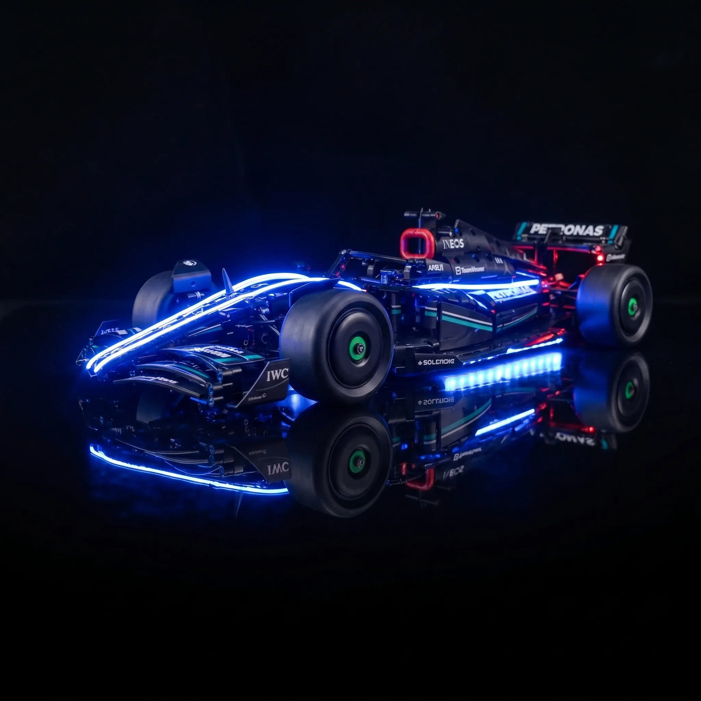 Bright My Bricks LED light kit for LEGO® Technic Mercedes-AMG F1 W14 E Performance #42171 — side angle with lights on