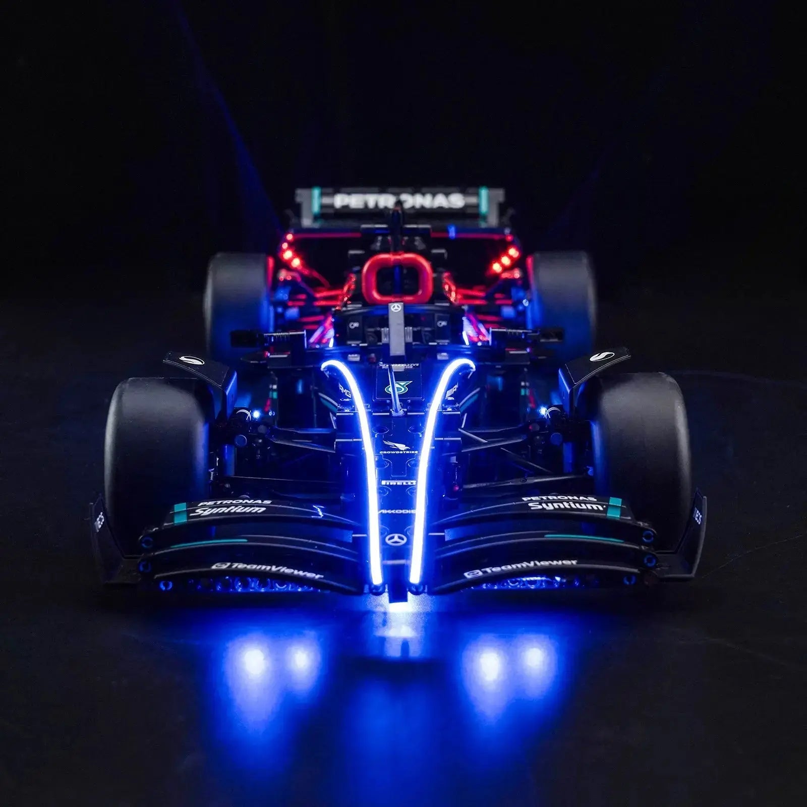 Close-up of LED lights on LEGO Technic Mercedes-AMG F1 W14 E Performance #42171