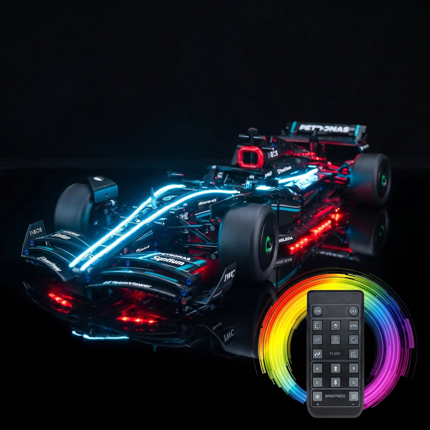 warm LED glow detail: Bright My Bricks custom LED lighting for LEGO® Technic Mercedes-AMG F1 W14 E Performance #42171