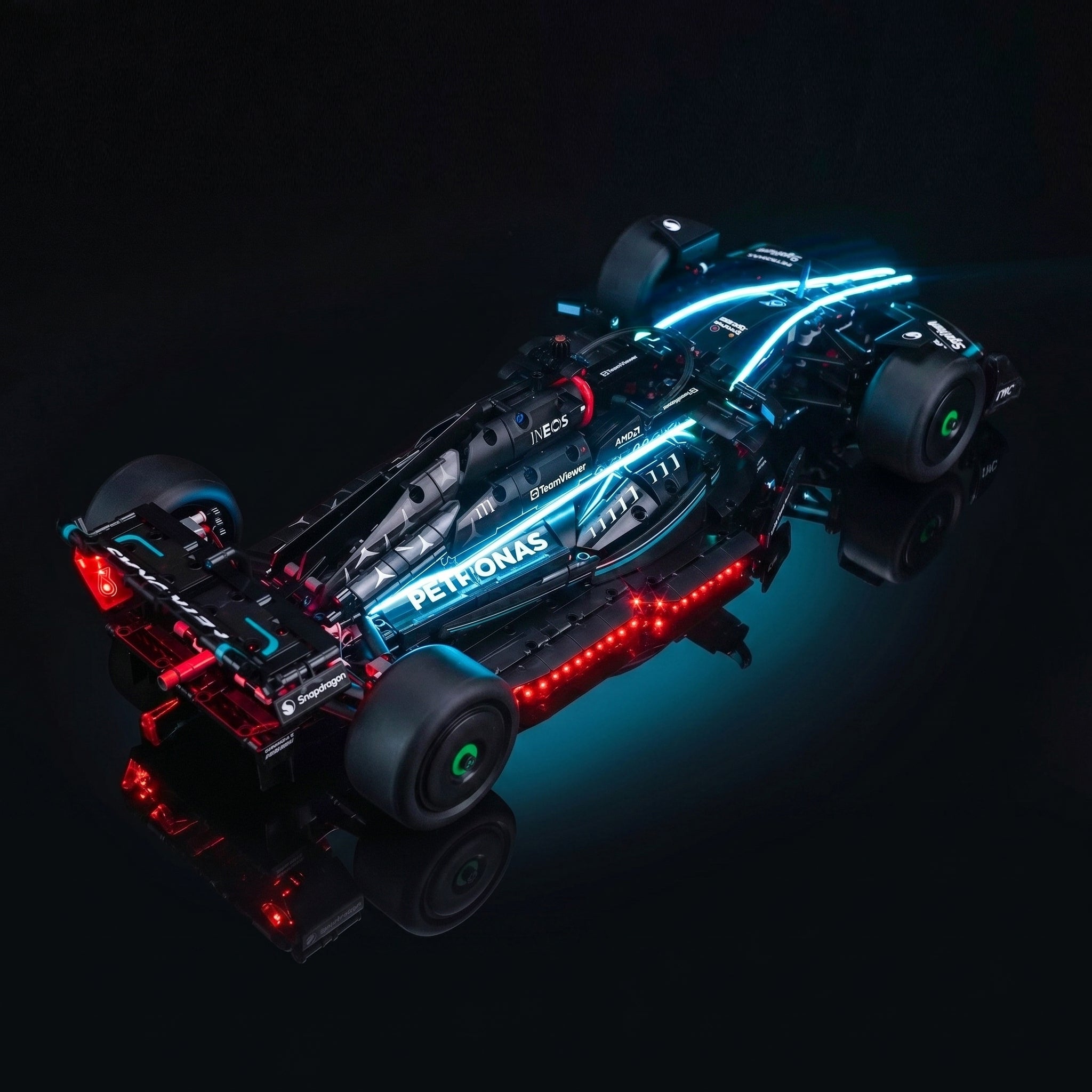 LED kit powered on: Bright My Bricks LED lighting kit for LEGO® Technic Mercedes-AMG F1 W14 E Performance #42171