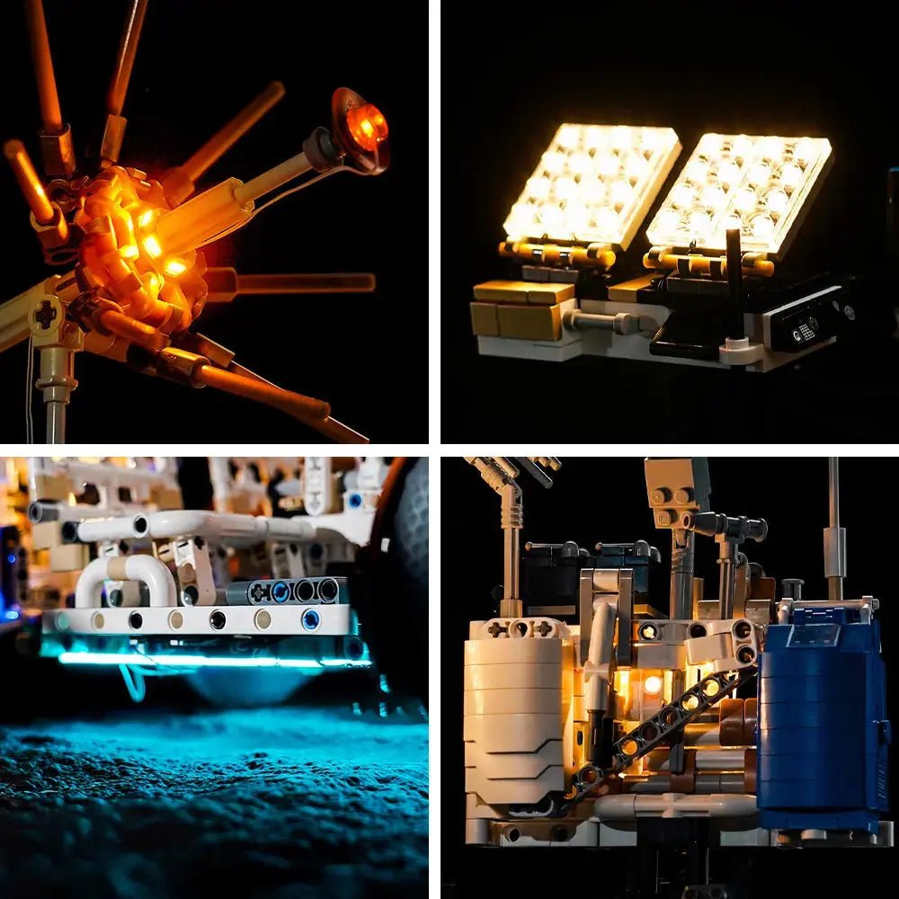 LEGO® Technic NASA Apollo Lunar Roving Vehicle - LRV #42182 LED strips and bricks detail, with the display light kit