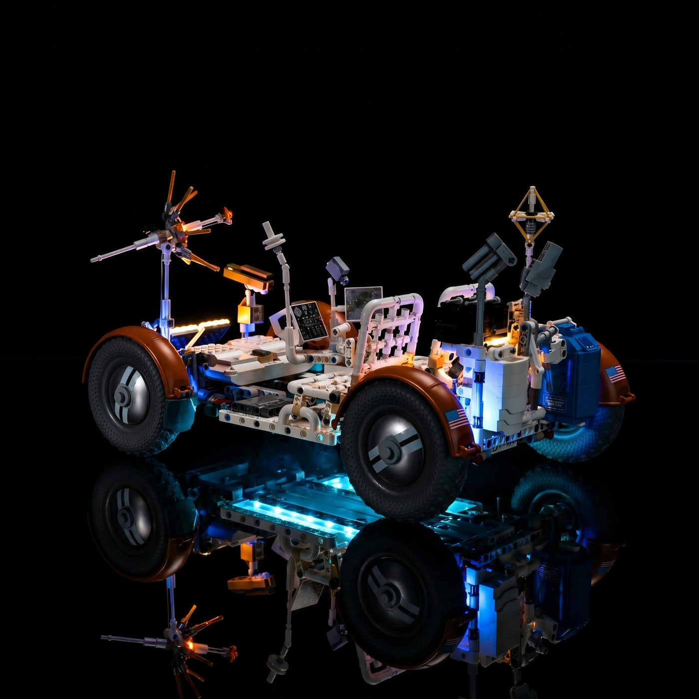 LEGO® Technic NASA Apollo Lunar Roving Vehicle - LRV #42182 LED kit powered on, with the custom LED lighting