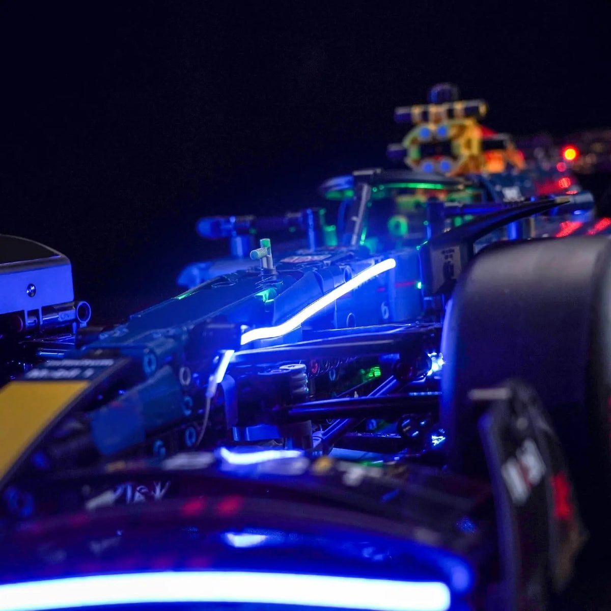 LEGO® Technic Oracle Red Bull Racing RB20 F1 Car #42206 LED strips and bricks detail, with the custom LED lighting