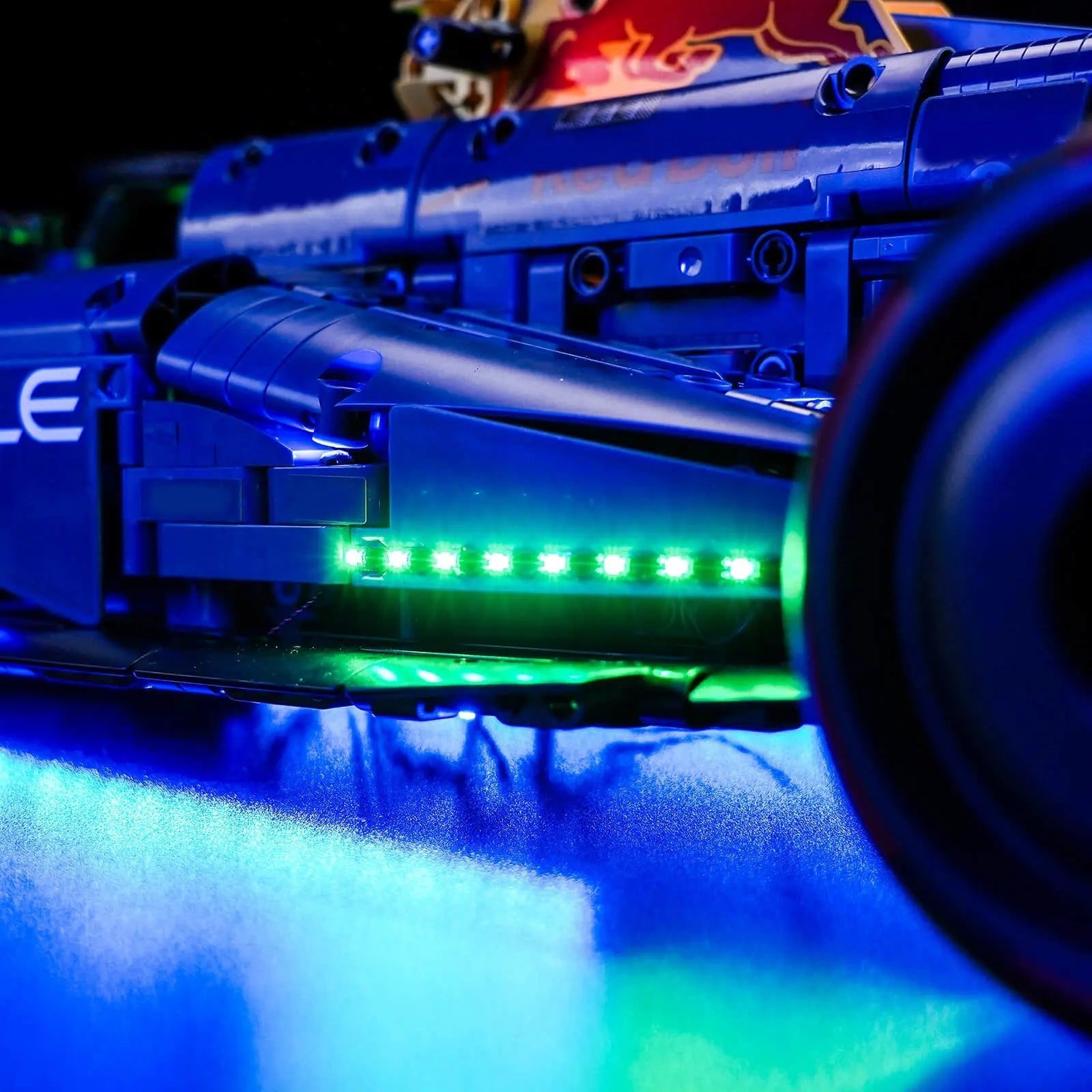 Close-up of LED lights on LEGO Technic Oracle Red Bull Racing RB20 F1 Car #42206