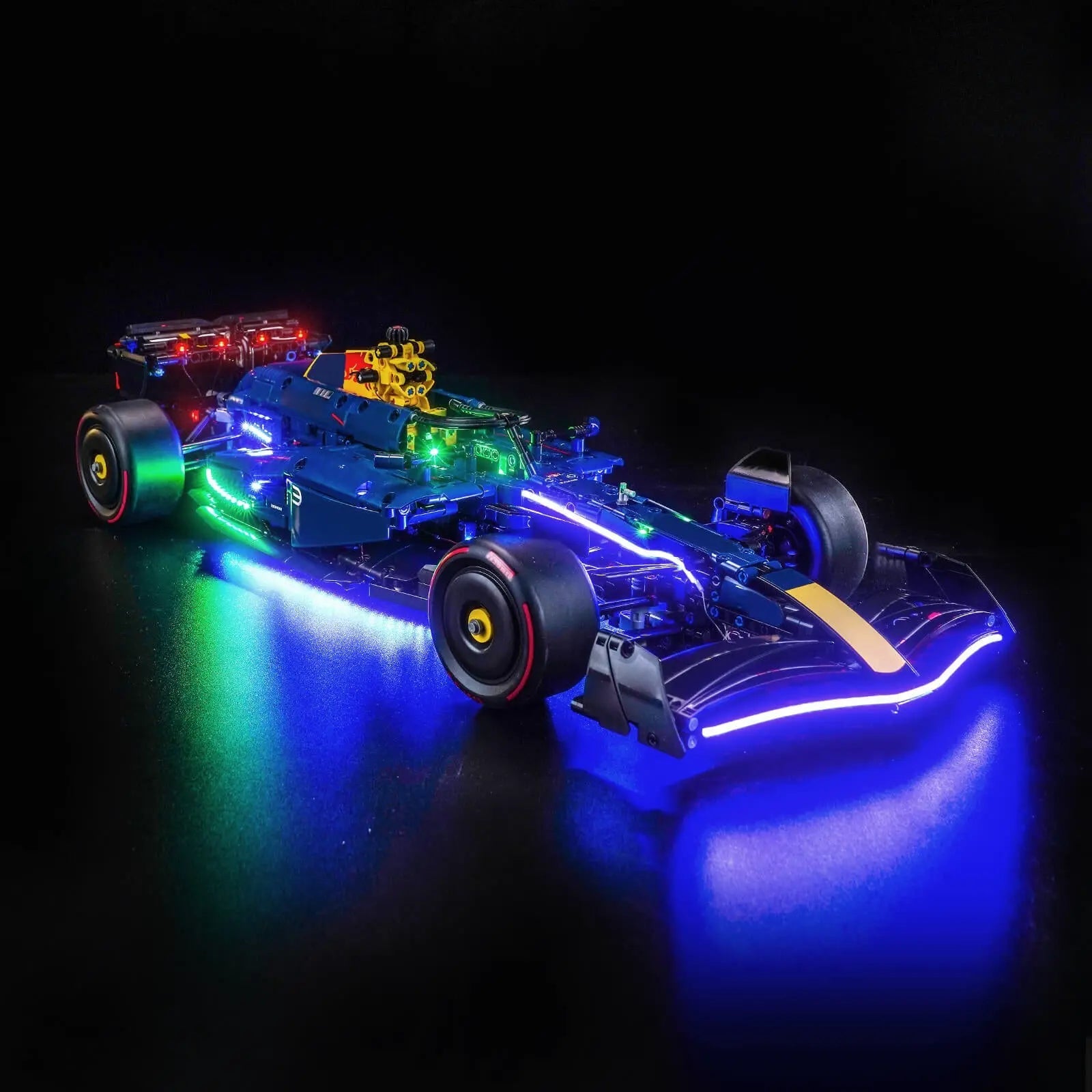 LEGO Technic Oracle Red Bull Racing RB20 F1 Car #42206 illuminated at night