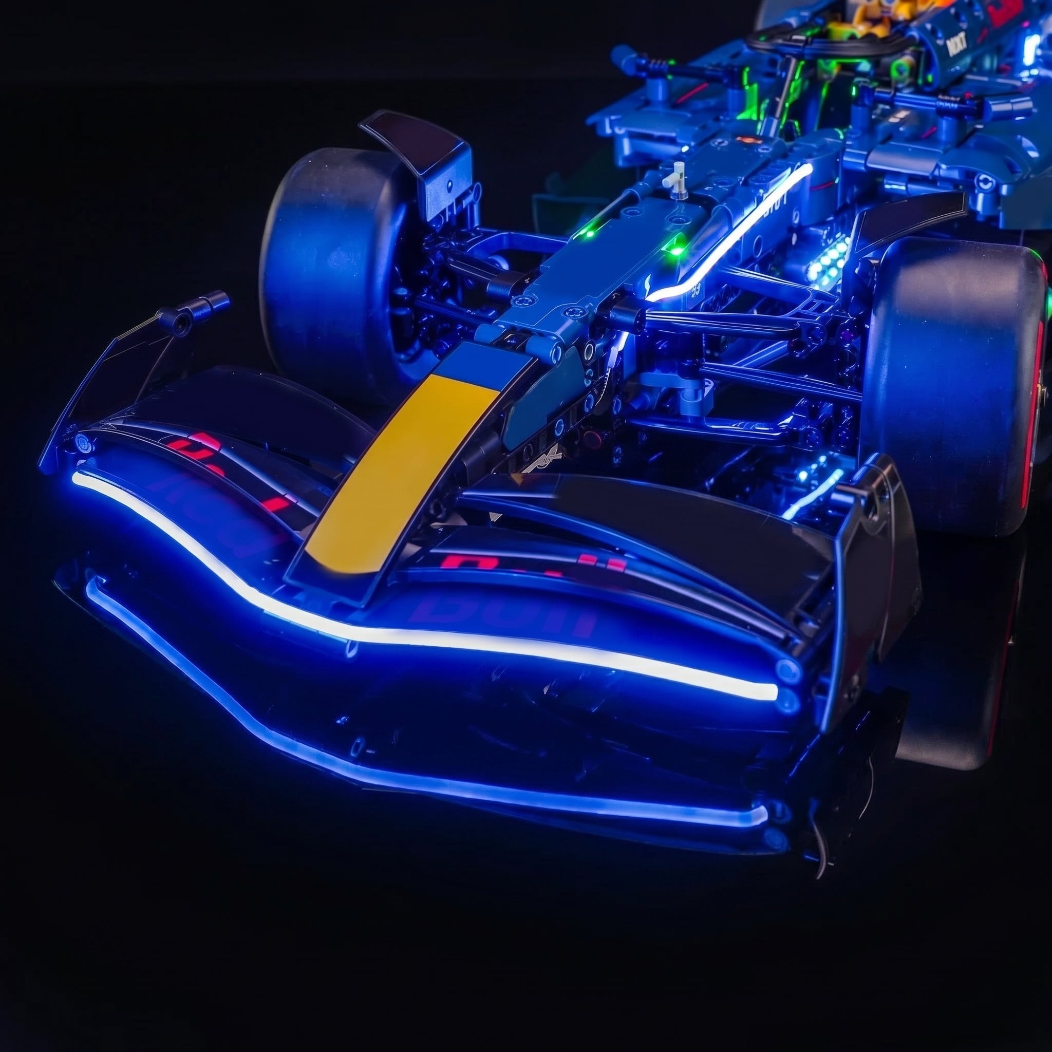 Bright My Bricks USB-powered LED light kit for LEGO® Technic Oracle Red Bull Racing RB20 F1 Car #42206 — front view fully lit