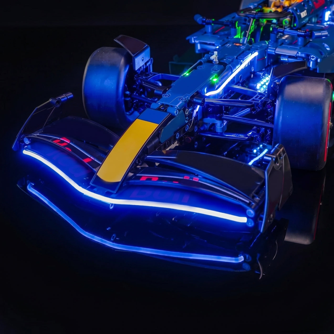 Bright My Bricks USB-powered LED light kit for LEGO® Technic Oracle Red Bull Racing RB20 F1 Car #42206 — front view fully lit