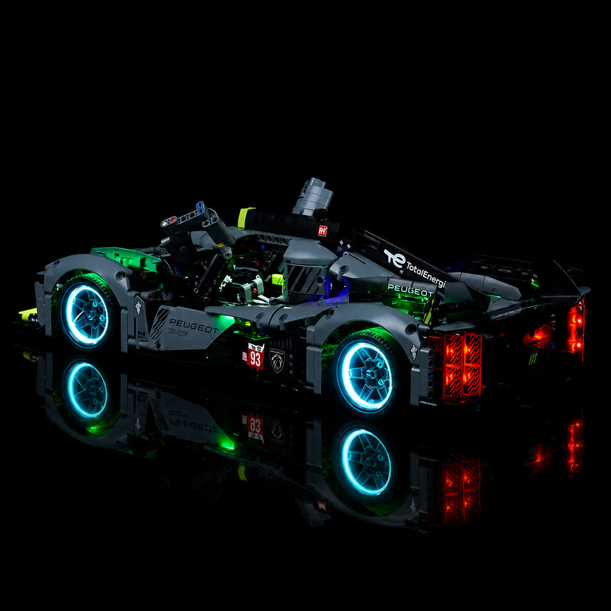 LEGO® Technic Peugeot 24H Le Mans Hybrid Hypercar #42156 — front view fully lit (LED lighting kit)