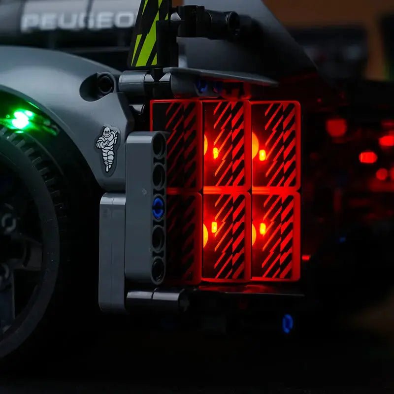 USB-powered LED light kit for LEGO® Technic Peugeot 24H Le Mans Hybrid Hypercar #42156, side angle with lights on