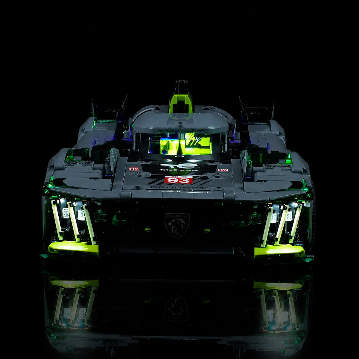 LEGO® Technic Peugeot 24H Le Mans Hybrid Hypercar #42156 — display lighting in a dark room (custom LED lighting)