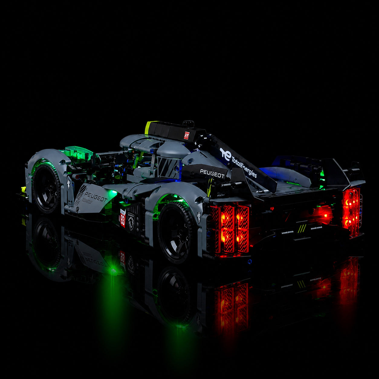 LEGO® Technic Peugeot 24H Le Mans Hybrid Hypercar #42156 showcase lighting view, with the USB-powered LED light kit