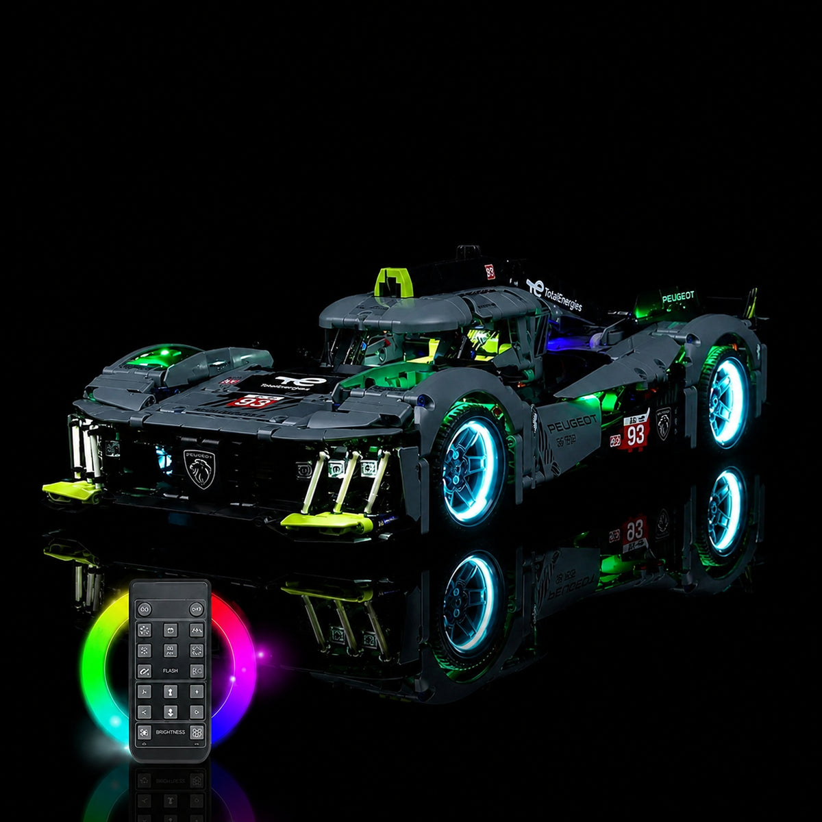 LEGO® Technic Peugeot 24H Le Mans Hybrid Hypercar #42156 before-and-after lighting, with the light kit