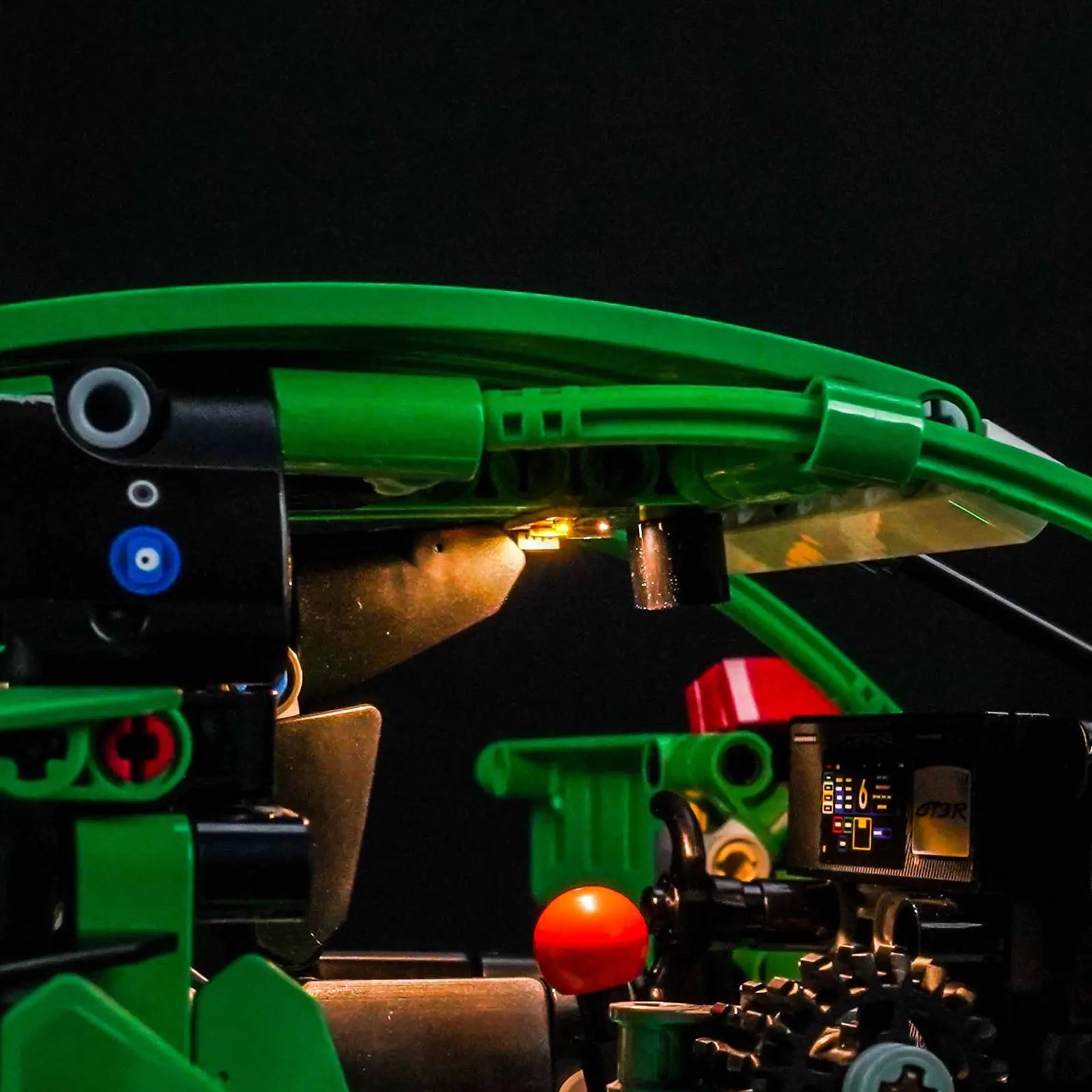 Close-up of LED lights on LEGO Technic Porsche 911 GT3 R REXY AO Racing Car #42224
