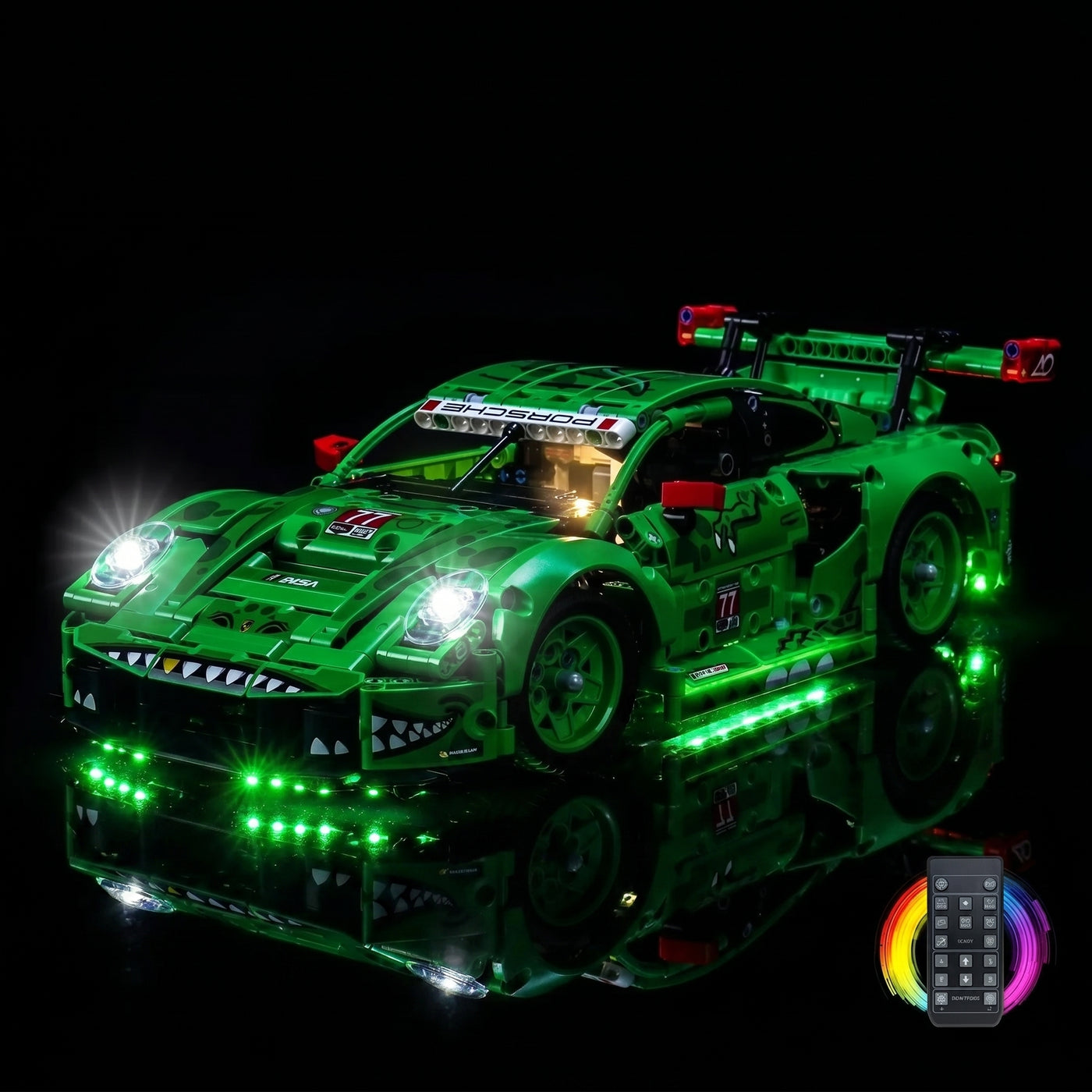 installed and glowing: Bright My Bricks DIY LED light kit for LEGO® Technic Porsche 911 GT3 R REXY AO Racing Car #42224