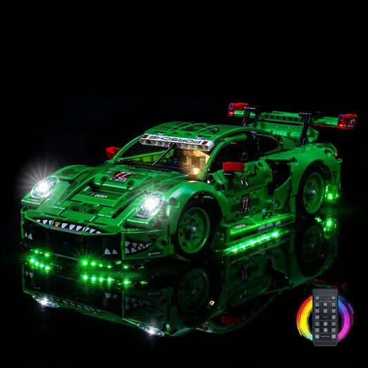 installed and glowing: Bright My Bricks DIY LED light kit for LEGO® Technic Porsche 911 GT3 R REXY AO Racing Car #42224