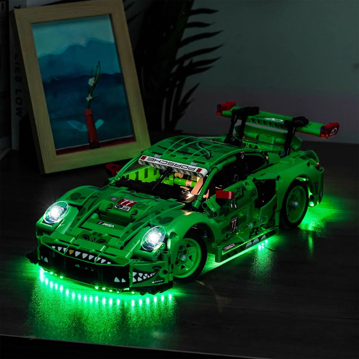 LEGO® Technic Porsche 911 GT3 R REXY AO Racing Car #42224 — side angle with lights on (light kit)