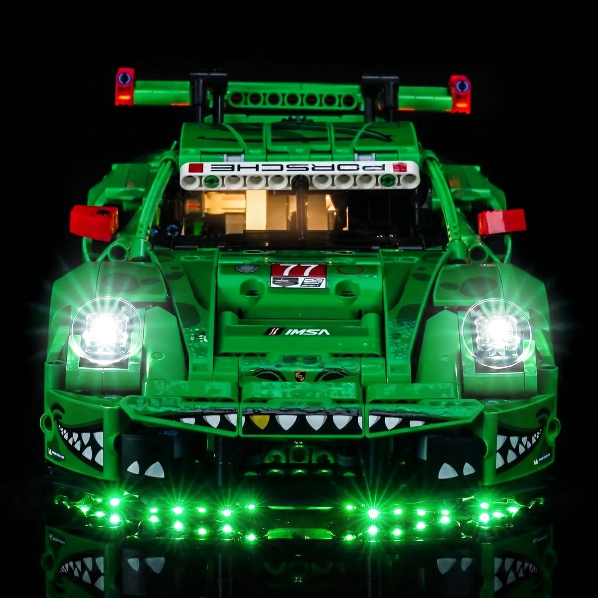 LED lighting kit for LEGO® Technic Porsche 911 GT3 R REXY AO Racing Car #42224, installed and glowing