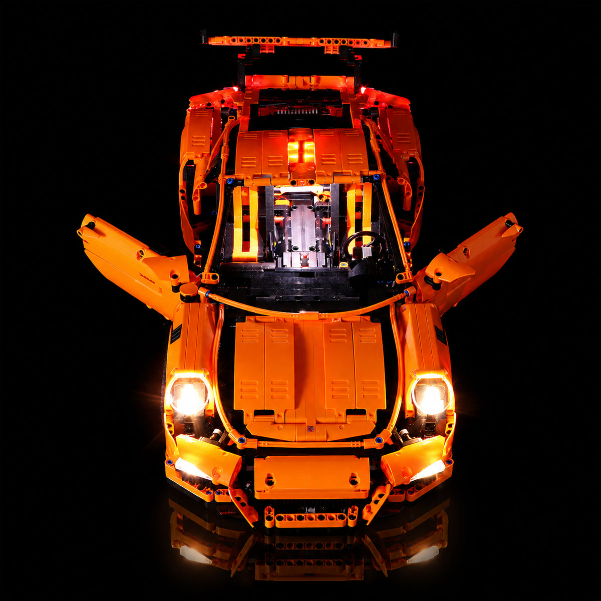 DIY LED light kit for LEGO® Technic Porsche 911 GT3 RS #42056, warm LED glow detail