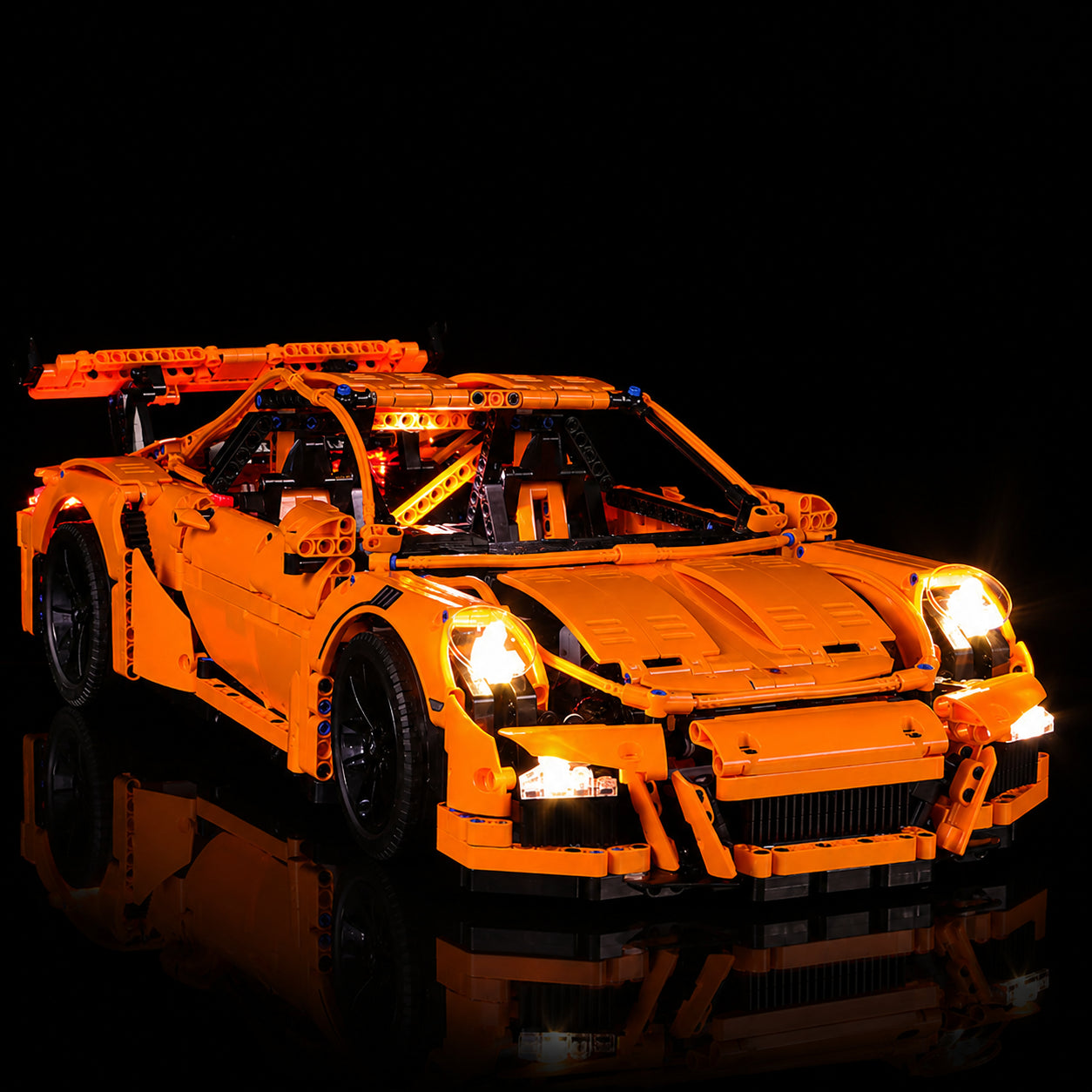 side angle with lights on: Bright My Bricks USB-powered LED light kit for LEGO® Technic Porsche 911 GT3 RS #42056